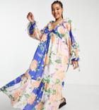 Asos Design Curve Long Sleeve Chiffon Midi Smock Dress In Oversized Floral Print-multi