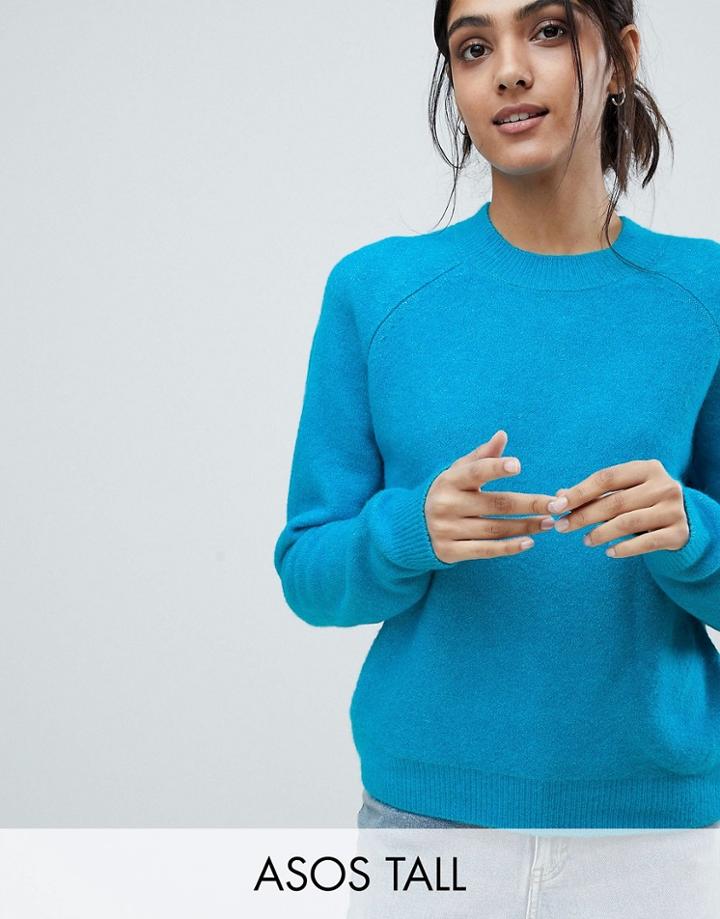 Asos Tall Sweater In Fluffy Yarn With Crew Neck - Blue