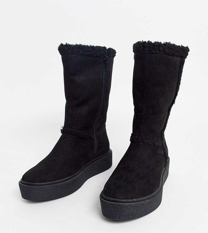 Asos Design Wide Fit Aquarius Faux Fur Flat Boots In Black