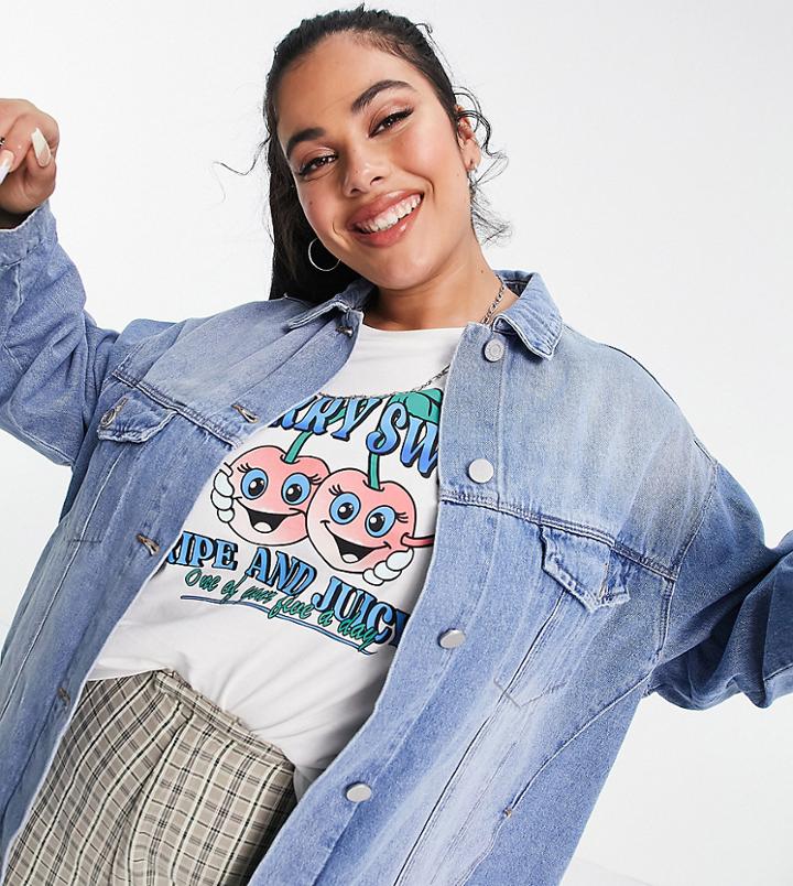 Simply Be Oversized Boyfriend Denim Jacket In Bleach Wash-blues