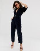 Asos Design Cord Belted Jumpsuit With Tapered Leg-blue