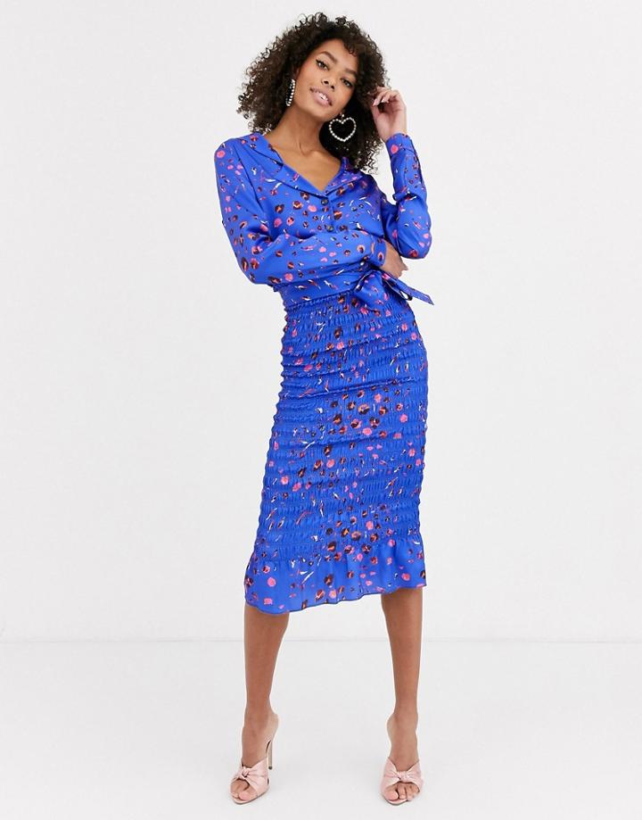 Never Fully Dressed Shirred Midi Bodycon Skirt In Purple Animal