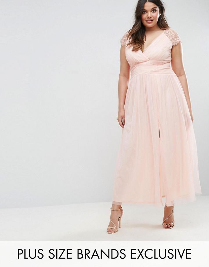 Little Mistress Plus Maxi Dress With Lace Shoulder - Pink