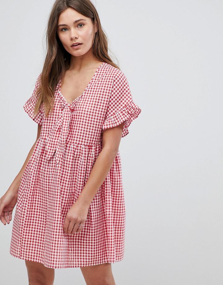 Asos Casual Mini Smock Dress In Gingham With Bunny Tie - Multi