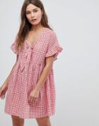 Asos Casual Mini Smock Dress In Gingham With Bunny Tie - Multi