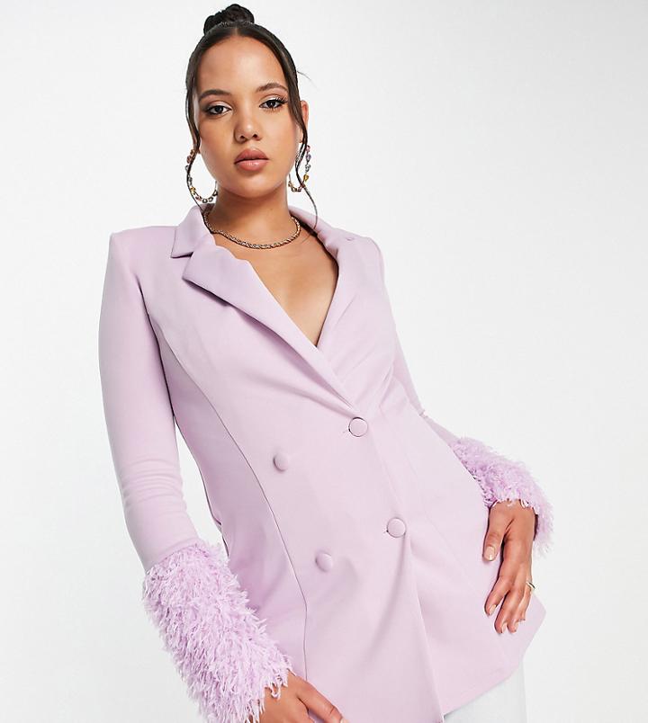 Asos Design Tall Jersey Longline Blazer With Faux Feather Cuff In Lilac-purple