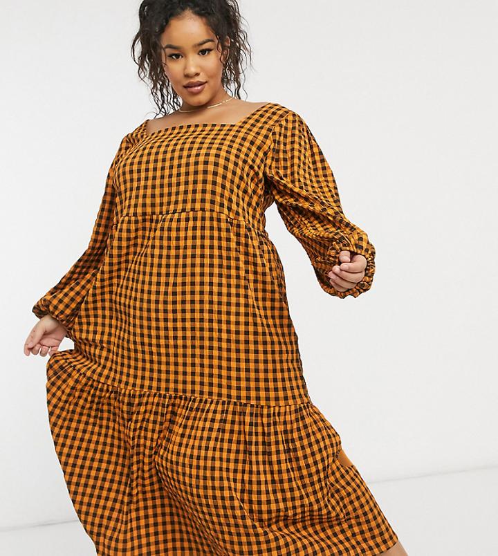 Lola May Curve Tiered Smock Dress In Orange Check