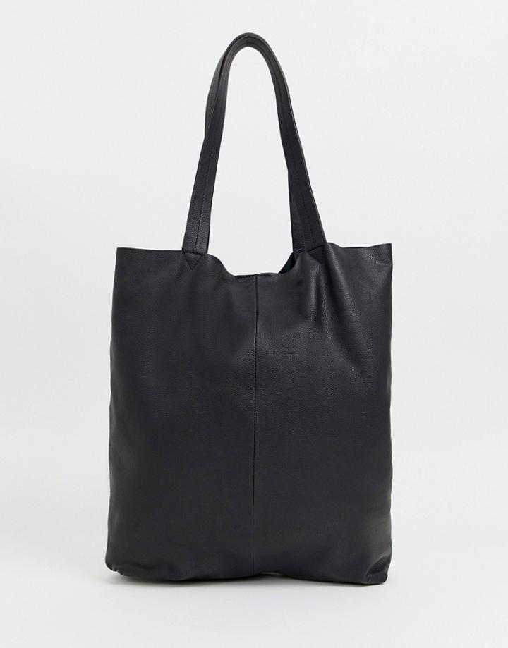 Asos Design Leather Tote Bag In Black - Black