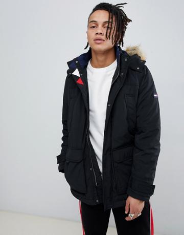 Tommy Jeans Technical Quilted Parka Faux Fur Trim Hood In Black - Black