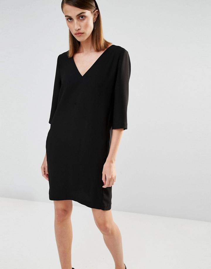 Selected V Neck Shift Dress With Front Pockets - Black
