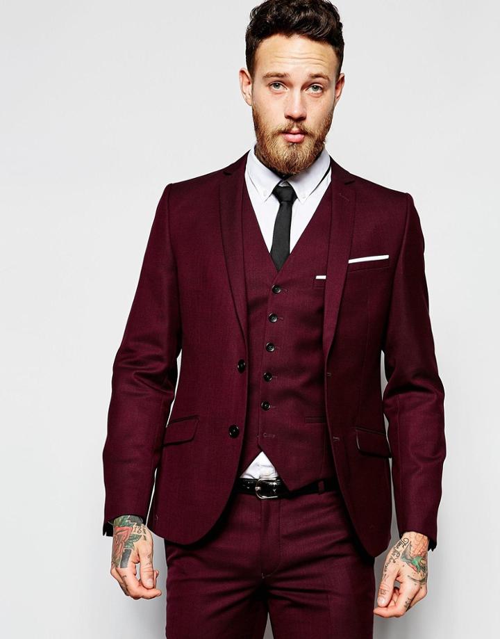 Heart & Dagger Suit Jacket In Birdseye Fabric In Skinny Fit - Burgundy