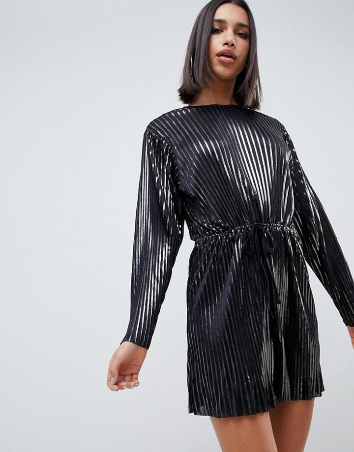 Asos Design Pewter Pleated Mini Dress With Drawstring Waist - Silver