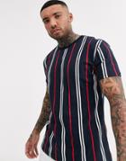 Bershka Vertical Striped T-shirt In Navy