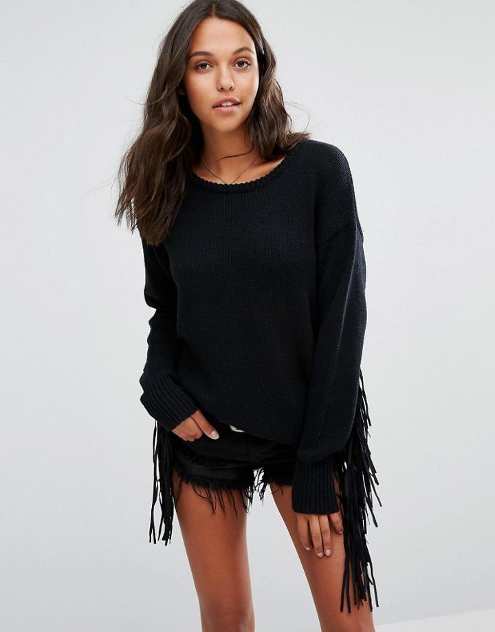 One Teaspoon Silver Sovereign Fringed Knitted Sweater - Black