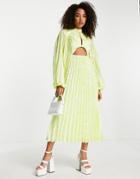 Asos Design Knot Front High Neck Cutout Pleated Midi Dress In Yellow Textured Stripe-multi