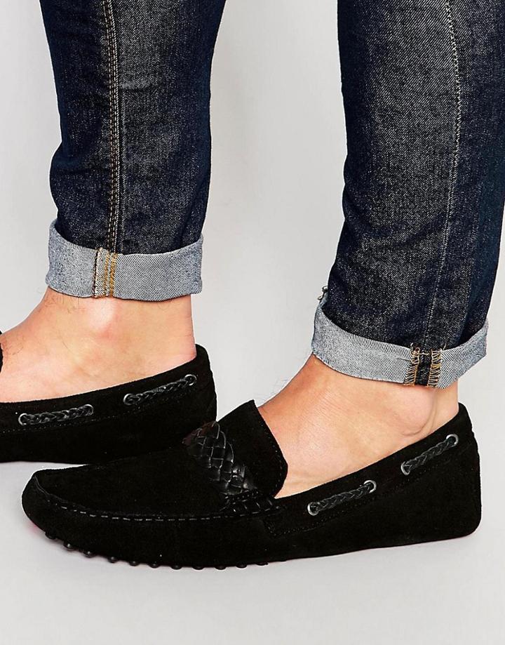 Asos Driving Shoes In Black Suede With Plaited Strap - Black