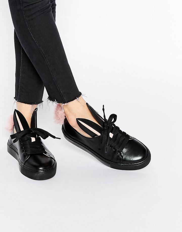 Minna Parikka Black Leather Bunny Ears & Faux Fur Tail Trainers - Black