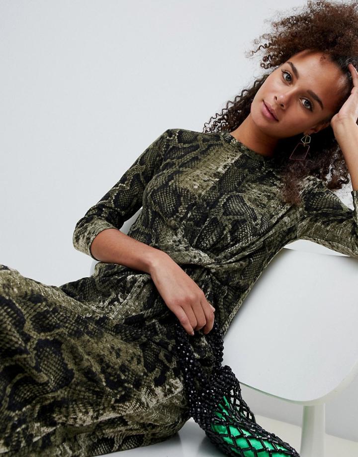 Bershka Snake Print Knot Side Midi Dress - Green