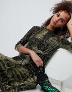 Bershka Snake Print Knot Side Midi Dress - Green