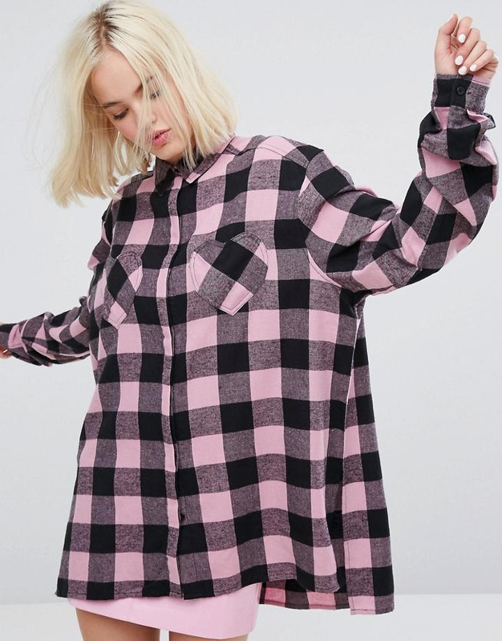 Lazy Oaf Oversized Shirt With Heart Pockets In Check Flannel - Multi