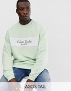 Asos Design Tall Oversized Sweatshirt With Towelling Panel And Text Print-green