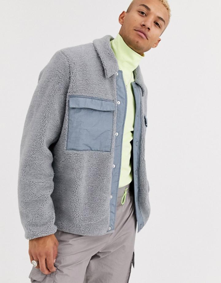 Asos Design Borg Jacket In Gray With Pocket Details