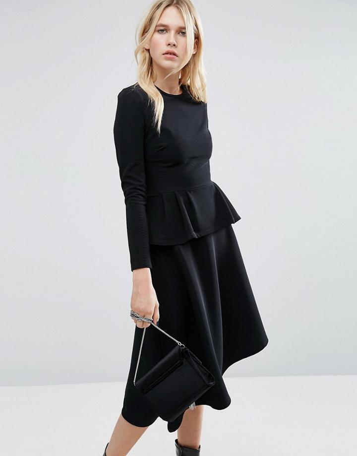 Asos Skater Midi Dress With Peplum In Structured Rib - Black