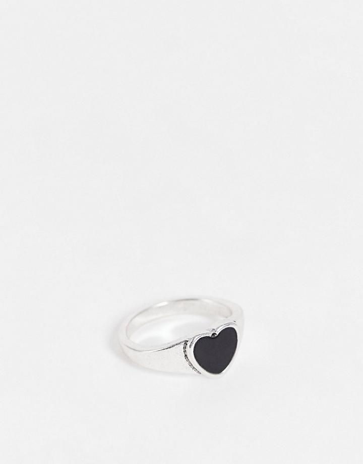 Designb London Signet Ring With Onyx Heart In Silver