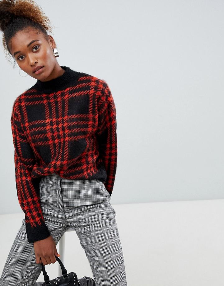 Bershka Check Print Knitted Sweater - Black
