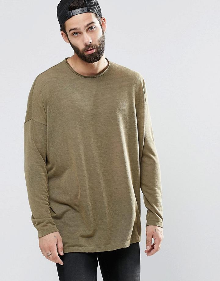 Asos Knitted Jersey Extreme Oversize Long Sleeve T-shirt With Raw Edge - Khaki