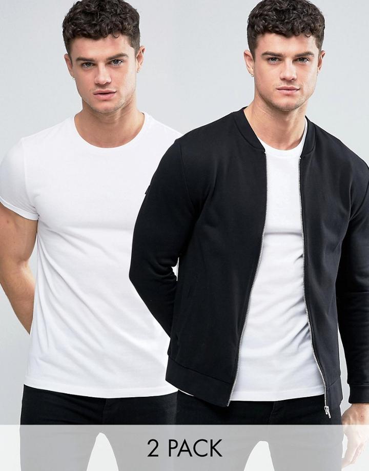 Asos Jersey Bomber Jacket/roll Sleeve T-shirt With Logo 2 Pack Save -