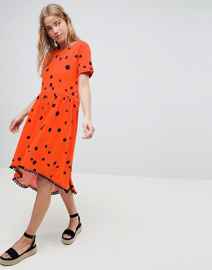 Asos Design Smock Dress With Hi Lo Pom Pom Hem In Polka Dot - Multi