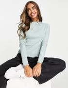 Monki Molly Organic Cotton Ribbed Long Sleeve Top In Turquoise-blue