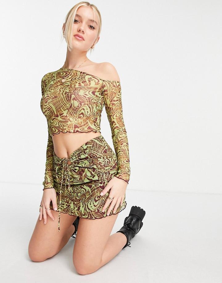 Pull & Bear Retro Print Skirt With Ring Detail In Green