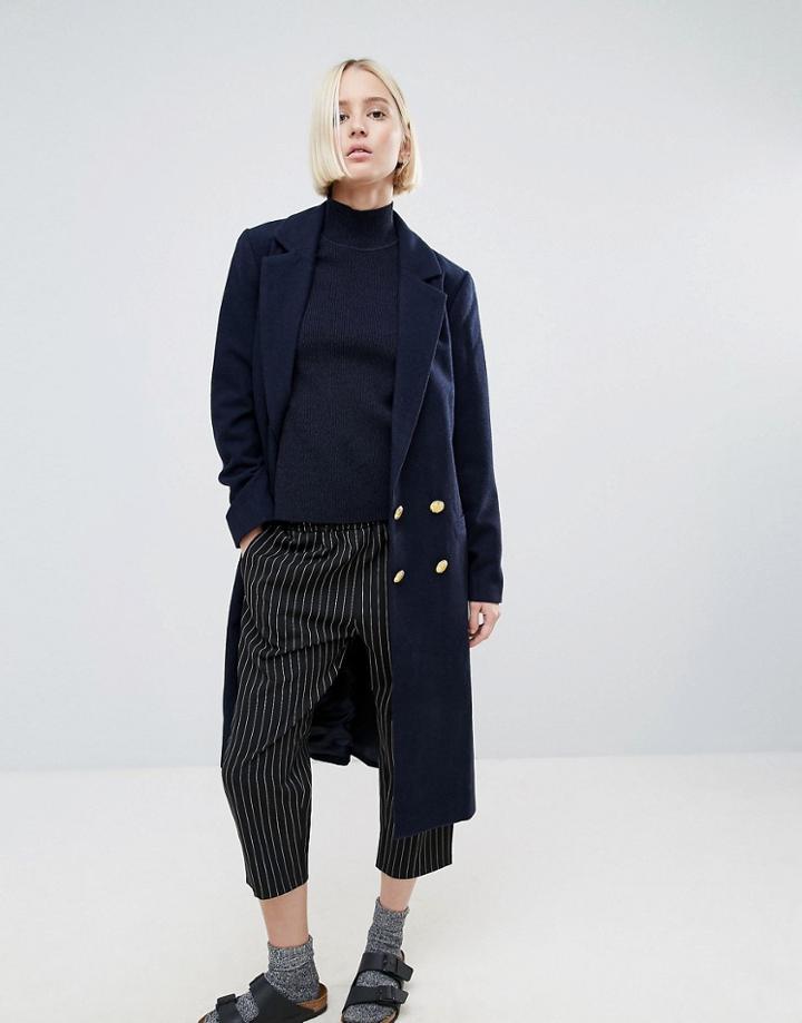 Ganni Hawthornewool Blend Long Coat - Navy
