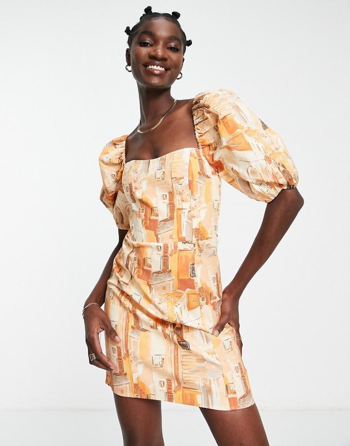 & Other Stories Puff Sleeve Mini Dress In Orange Print