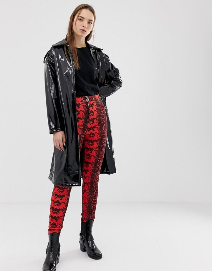 Asos Design Red Snake Skinny Pants With Zip Detail-multi