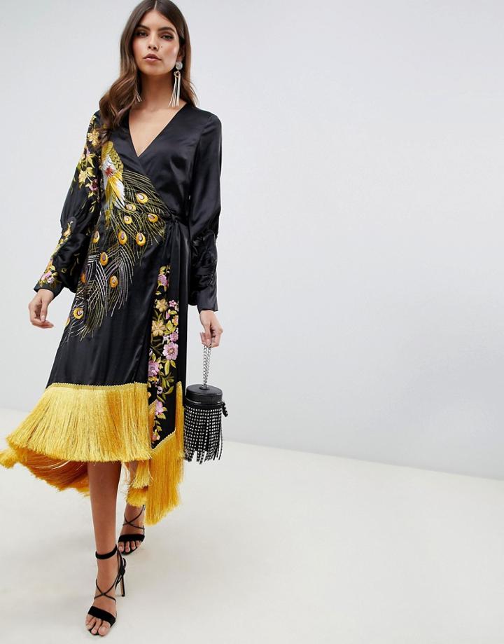 Asos Design Kimono Midi Dress With Fringe In Embroidered Satin Peacock - Black