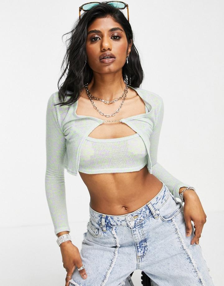 Asos Design Cami And Cardigan In Brushed Checkerboard With Chain Detail - Part Of A Set-blue