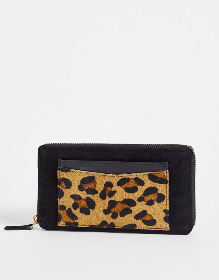 Urbancode Leopard Print Zip Around Suede Wallet In Black