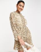 French Connection Eva High Neck Ruffle Mini Dress In Animal Print-neutral