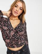 Miss Selfridge Long Sleeve Wrap Blouse In Paisley Print-black