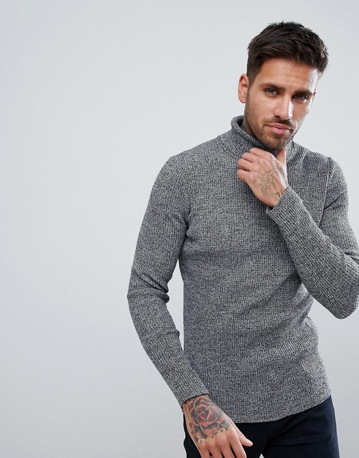 Asos Knitted Muscle Fit Ribbed Roll Neck Sweater In Black And White Twist - Gray