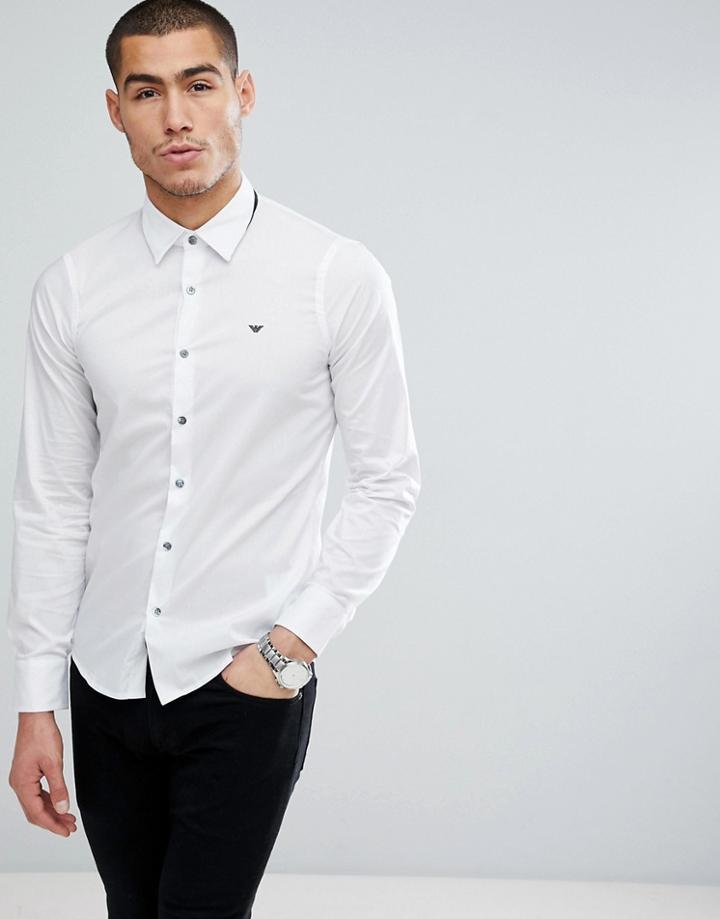 Emporio Armani Slim Fit Contrast Collar Stretch Poplin Shirt In White - White