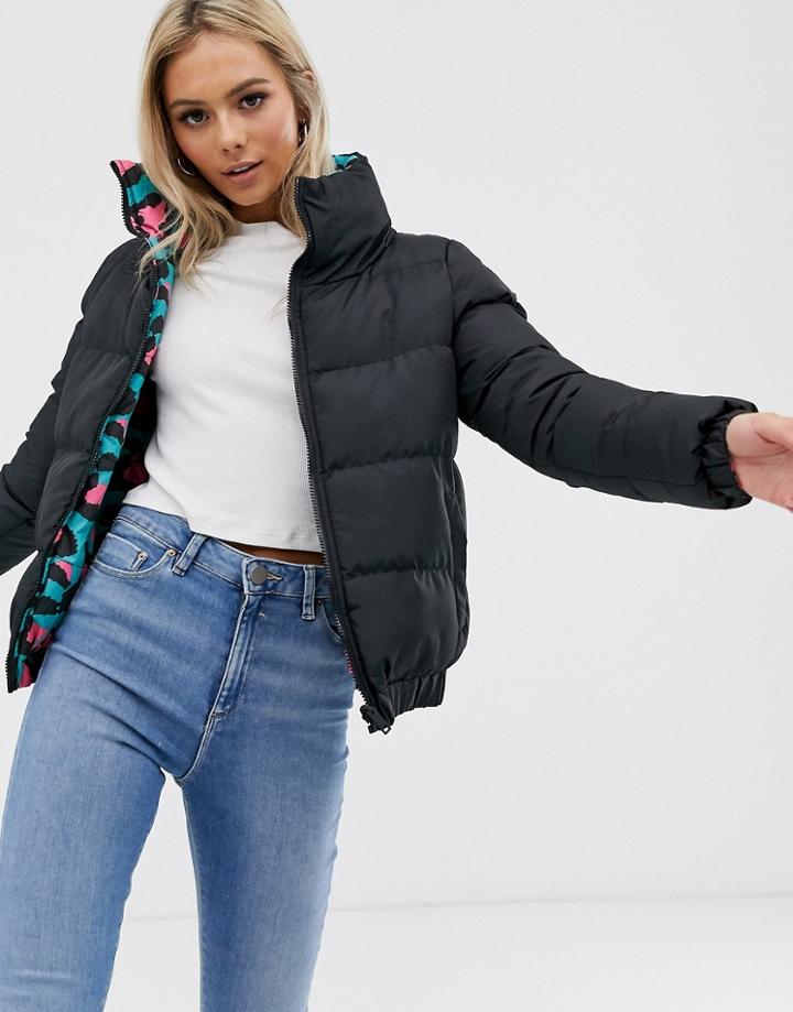 Brave Soul Winnie Reversible Neon Animal Print Puffer Jacket-blue