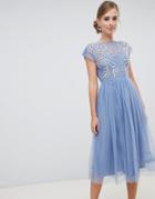 Asos Design Embellished Open Back Tulle Midi Dress - Blue