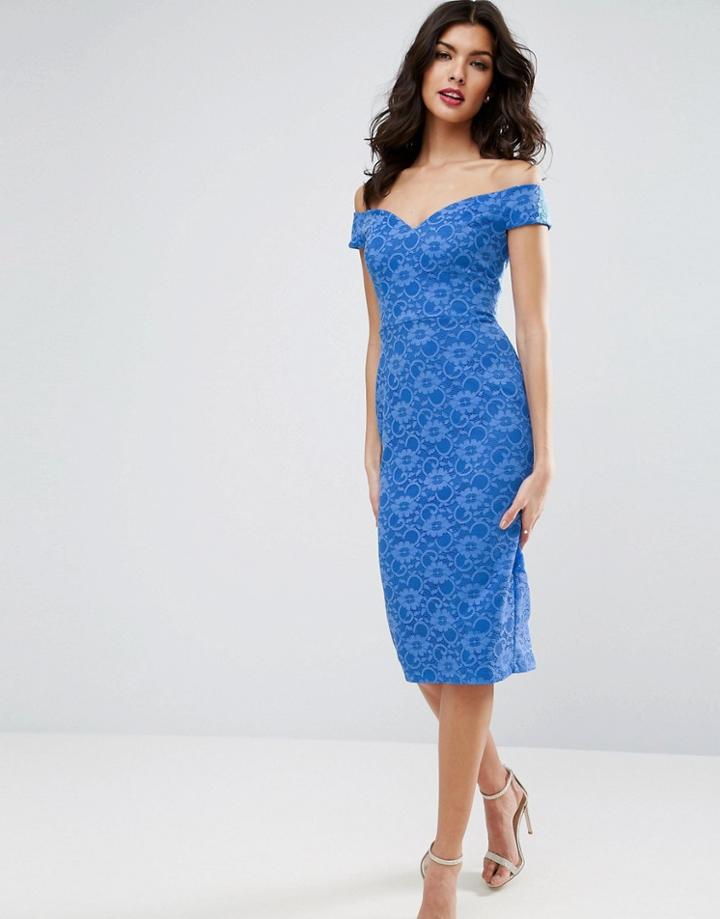 Asos Lace Sweetheart Bardot Midi Bodycon Dress - Blue