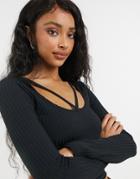 New Look Lattice Bust Ribbed Top In Black