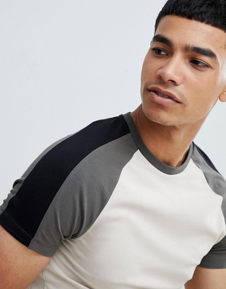 Asos Design Longline Muscle Fit T-shirt With Double Contrast Raglan - Beige