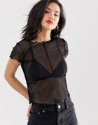 Asos Design Top In Mesh With Cap Sleeve And Seam Detail-black